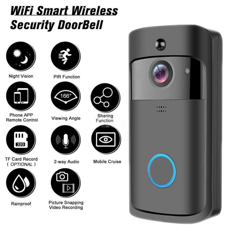 Video Doorbell+Batteries+Chime+32GB Two-Way 1080P HD Door Bell WiFi Wireless PIR 